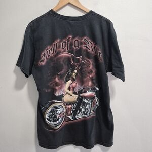 Vintage Hell Of A Ride Live Hard Ride Harder Skull Biker Babe Tee Large